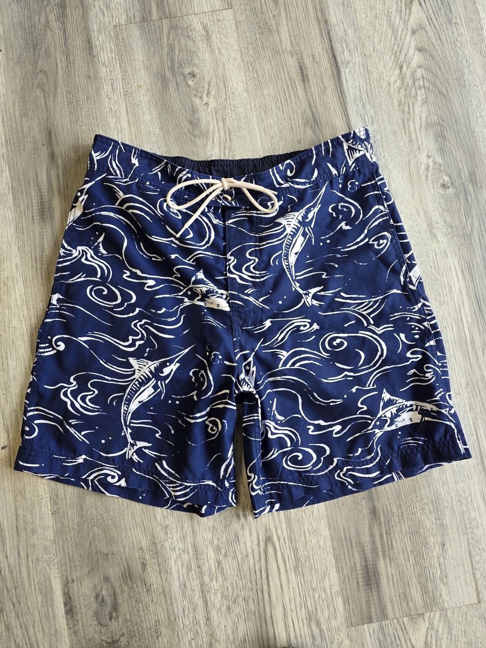Nautica Navy Blue & White Marlin Print Swim Trunks